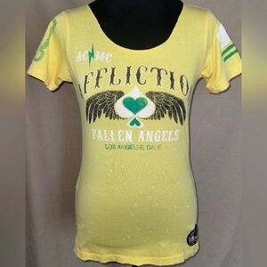 Affliction Yellow Fitted Graphic Short Sleeve Tee
